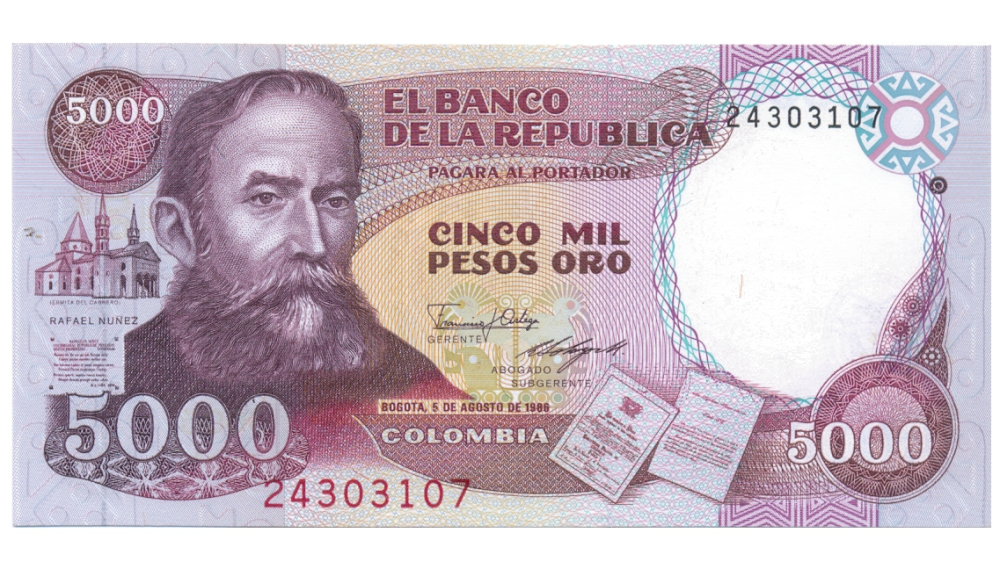 Billete Colombia 5000 Pesos Oro 1986 Rafael Nuñez y Miguel Antonio Caro - Numisfila