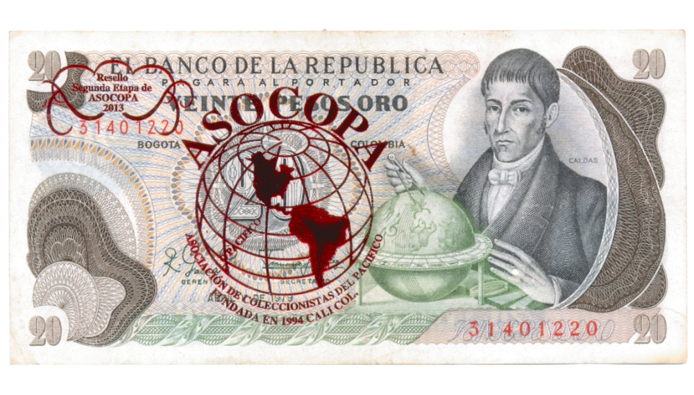 Billete Colombia 20 Pesos Oro 1979 con Resello ASOCOPA 2013 - Numisfila