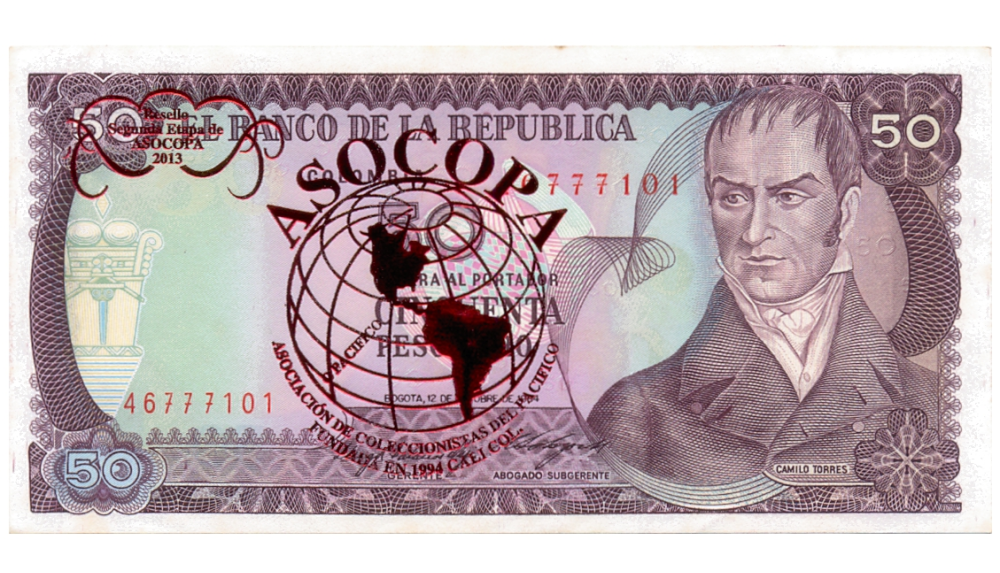 Billete Colombia 50 Pesos Oro 1984-1986 con Resello ASOCOPA 2013 - Numisfila