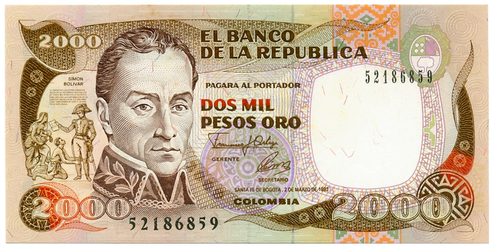 Billete Colombia 2000 Pesos 1992 - Simón Bolívar  - Numisfila