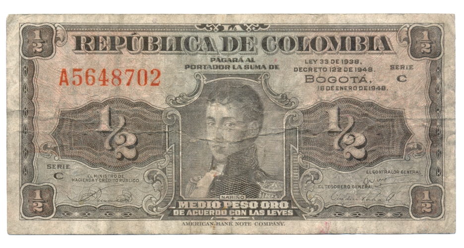 Billete Colombia ½ Peso Oro 1948 -  Antonio Nariño - Numisfila