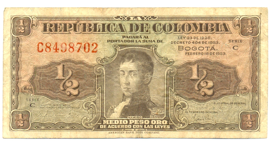 Billete Colombia 1/2 Peso Oro 1953 Antonio Nariño  - Numisfila