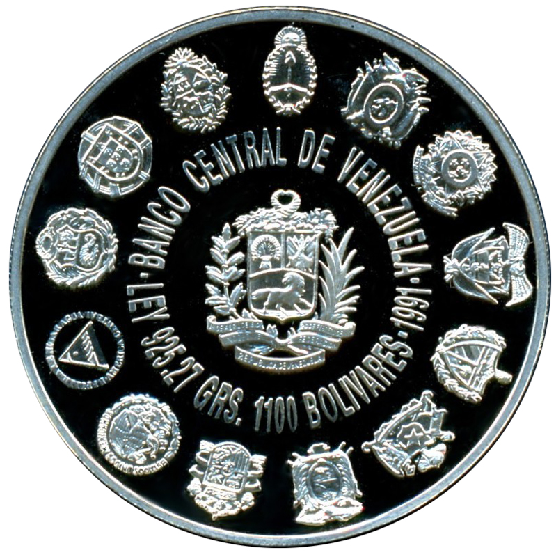Venezuela 1100 Bolívares 1991 Encuentro de Dos Mundos Cristóbal Colón Moneda de Plata  - Numisfila