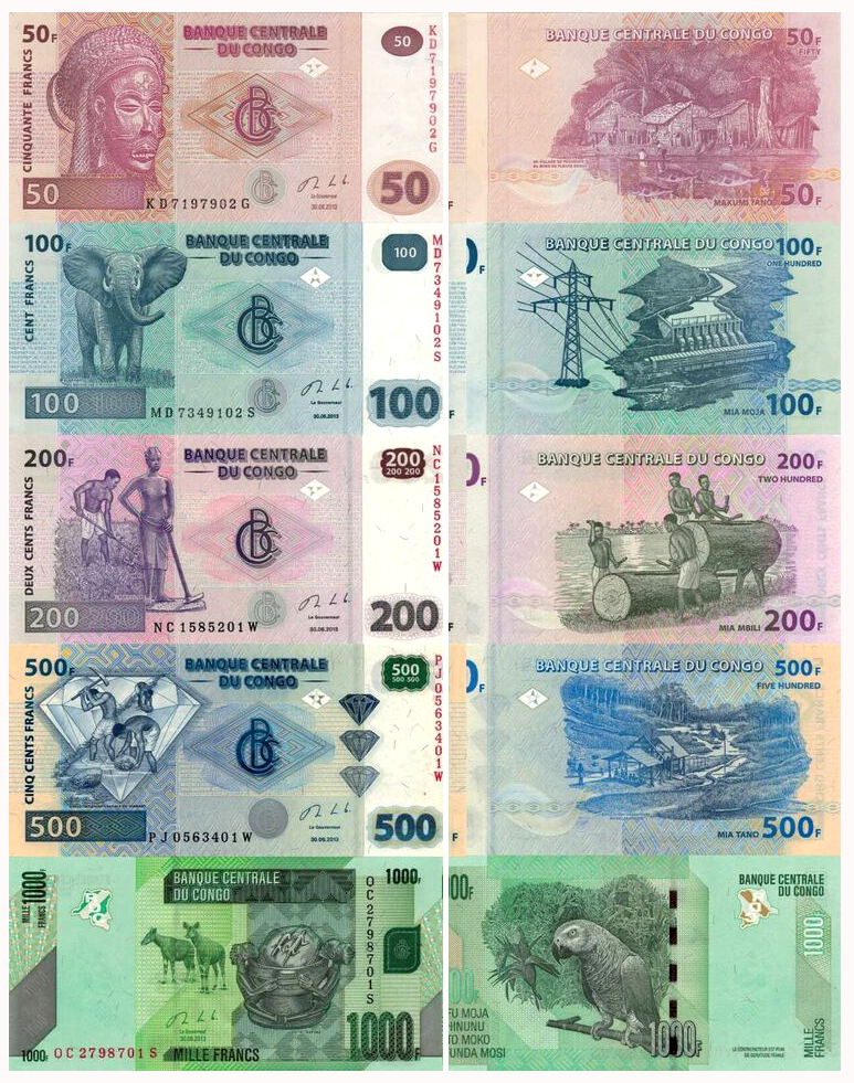 Set 5 Billetes Congo 50,100,200,500 y 1000 Francs 2013  - Numisfila