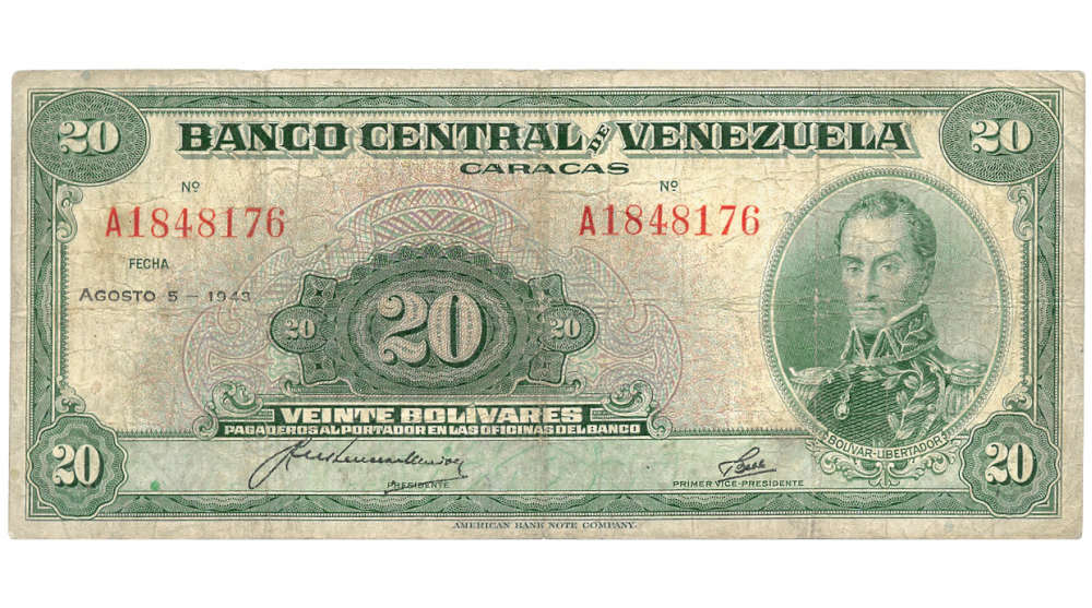 Billete 20 Bolivares Agosto 1943 Serial  A1848176 - Numisfila