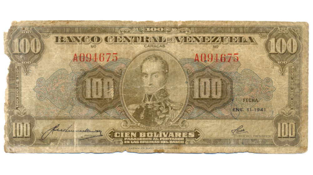 Raro Billete 100 Bolívares Enero 11 1941 Serial A094675 - Únicamente 52.040 billetes - Numisfila