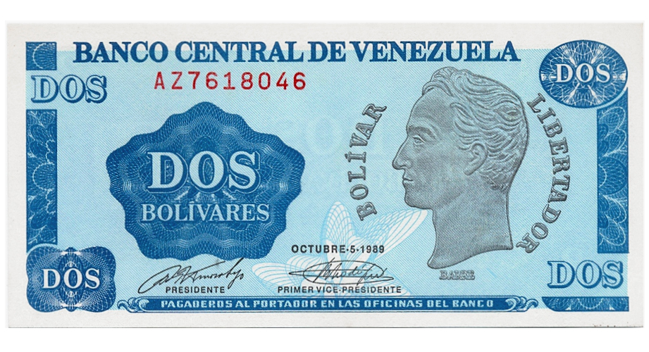 Billete 2 Bolívares - Tinoquito 1989 Difícil AZ7 Serial AZ7618046  - Numisfila