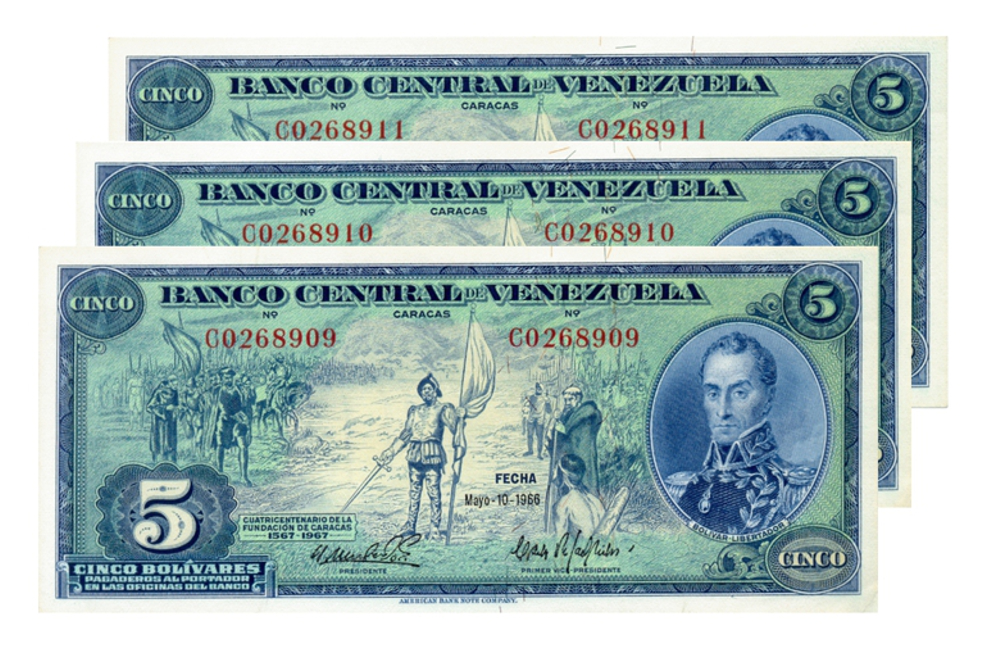 Trío Billetes 5 Bs 1966 C7 Seriales C0268909, C0268910 y C0268911 Dieguitos - Numisfila