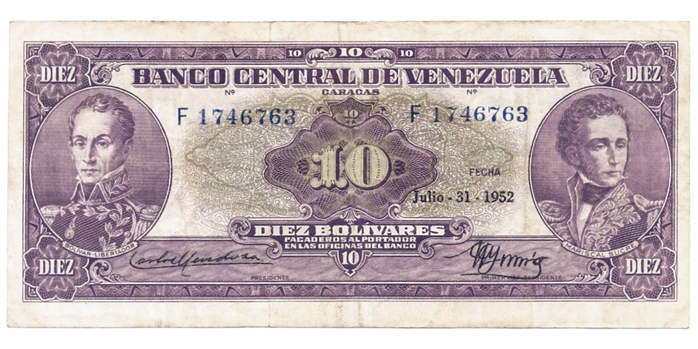 Escaso Billete Orejón 10 Bolívares 1952 F7 Serial F1746763  - Numisfila