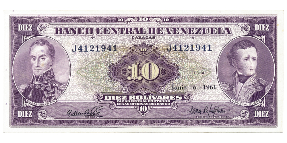 Billete 10 Bolívares 1961 J7 Serial J4121941 Cara Volteada  - Numisfila