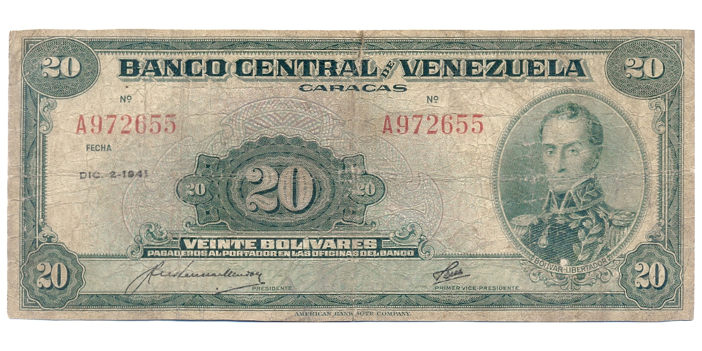 Billete 20 Bolivares Diciembre 2 1941 Serial A972655 - Numisfila