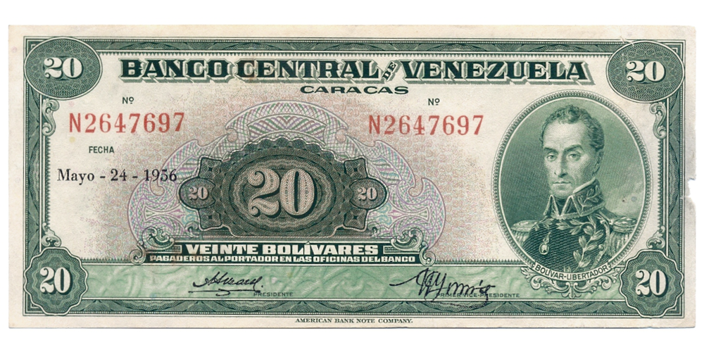 Billete 20 Bolivares Mayo 1956 N7 Serial N2647697  - Numisfila