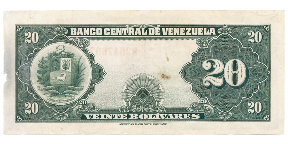 Billete 20 Bolivares Mayo 1956 N7 Serial N2647697  - Numisfila