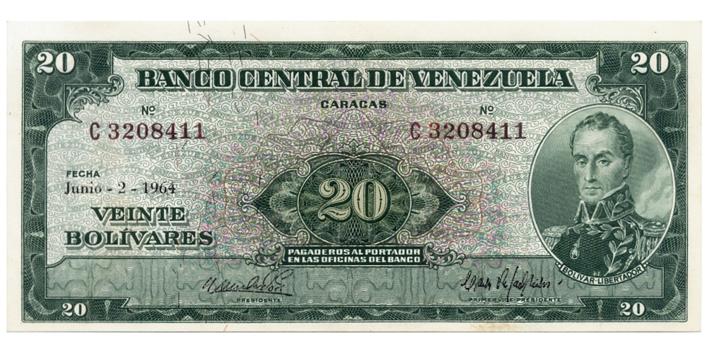 Bello Billete 20 Bolivares 1964 C7 Serial C3208411  - Numisfila