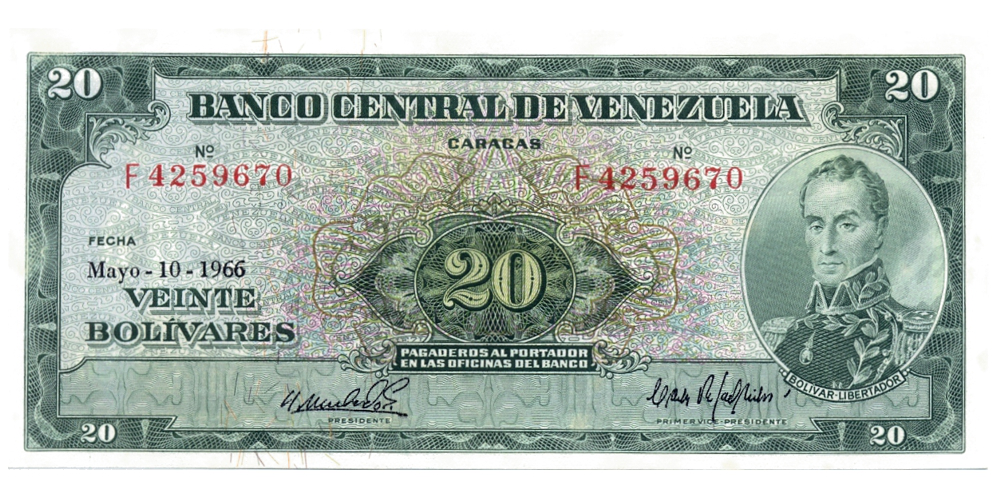 Bello Billete 20 Bolivares 1966 F7 Serial F4259670  - Numisfila