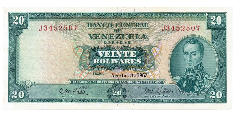 Pareja Billetes 20 Bs 1967 J7 Seriales J3452506 y J3452507  - Numisfila