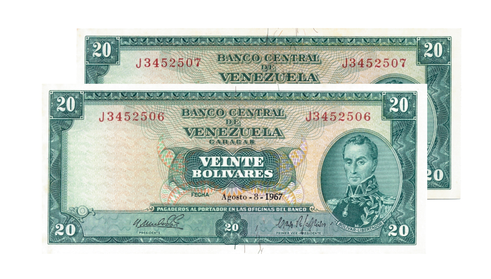 Pareja Billetes 20 Bs 1967 J7 Seriales J3452506 y J3452507  - Numisfila