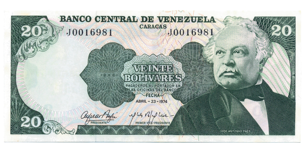 Billete 20 Bolívares Abril 1974 Difícil J7 Serial J0016981  - Numisfila