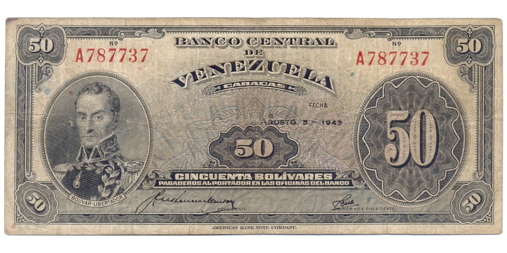 Billete 50 Bolivares Agosto 1943 Serial A787737 - Numisfila