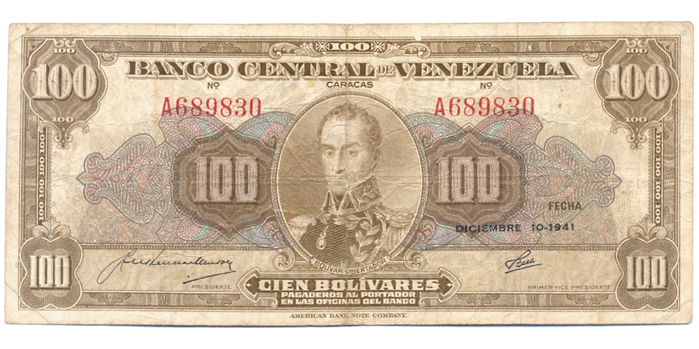 Billete 100 Bolivares Diciembre 1941 Serial A689830  - Numisfila