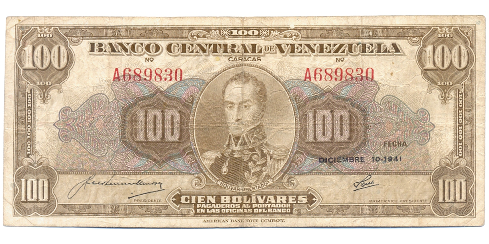 Billete 100 Bolivares Diciembre 1941 Serial A689830 - Numisfila