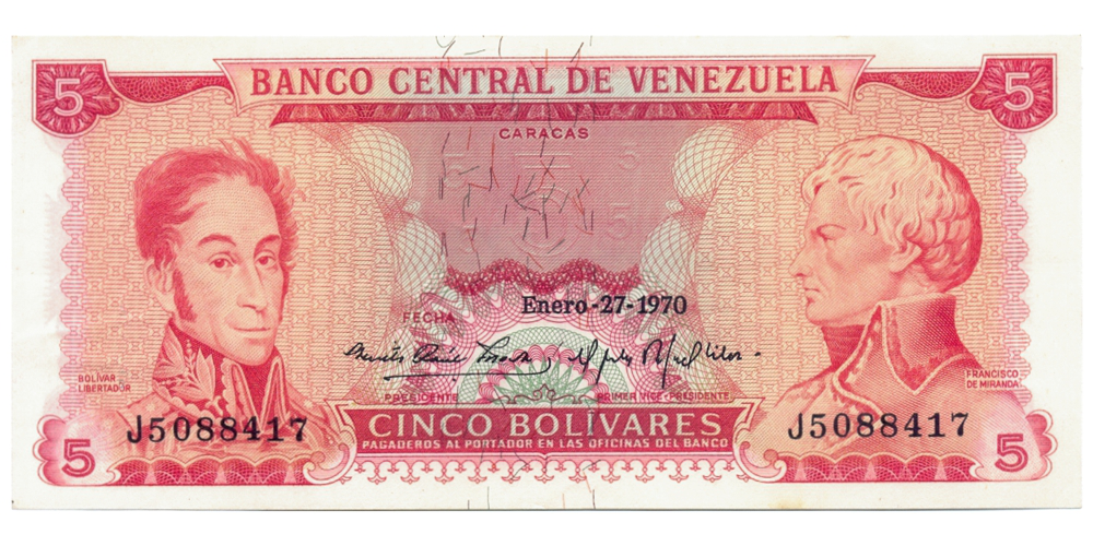 Billete 5 Bolívares 1970 Difícil J7 Serial J5088417 - Numisfila