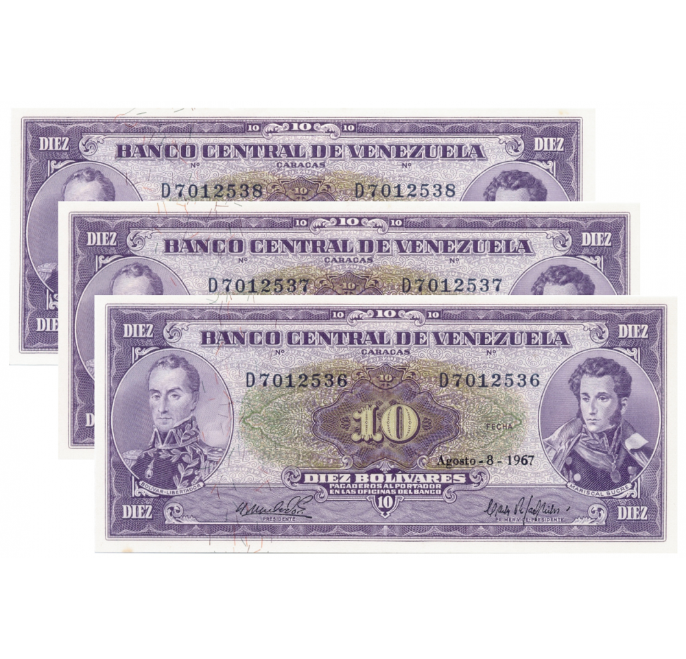Trío Billetes 10 Bs 1967 D7 Seriales D7012536, D7012537 Y  D7012538 - Numisfila