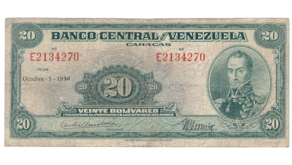 Billete 20 Bolívares Octubre 1950 E7 Serial E2134270 - Numisfila
