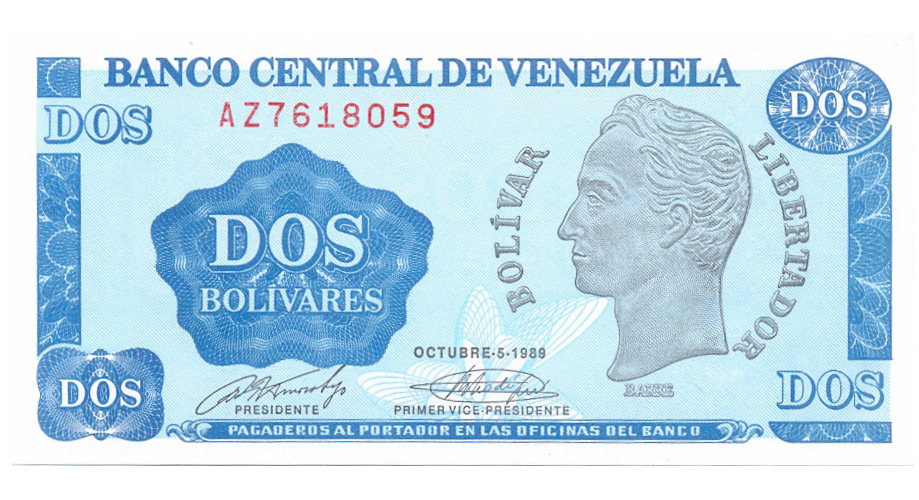 Billete 2 Bolívares - Tinoquito 1989 Difícil AZ7 Serial AZ7618059  - Numisfila