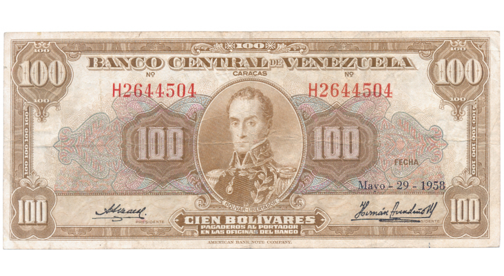 Billete 100 Bolívares 1958 H7 Serial H2644504  - Numisfila