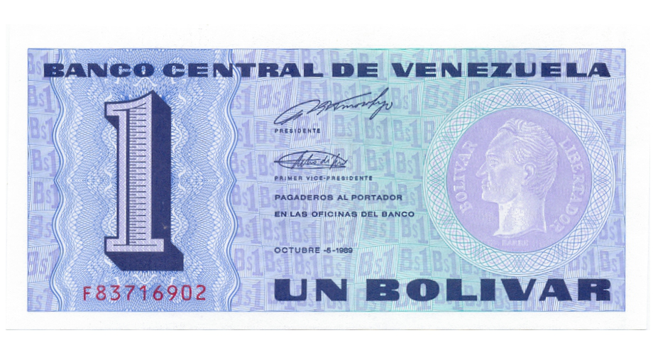 Billete 1 Bolívar - Tinoquito 1989 Difícil F8 Serial F83716902  - Numisfila