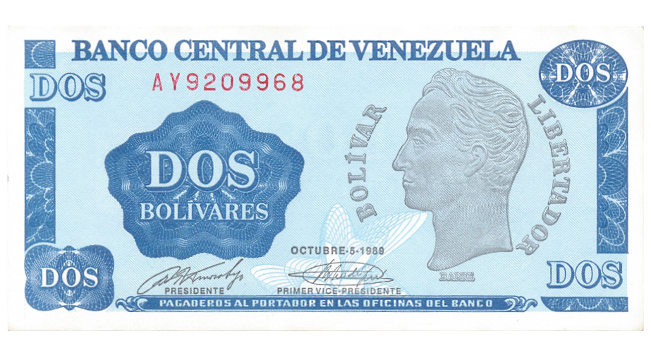 Billete 2 Bolívares - Tinoquito 1989 AY7 Serial AY9209968 - Numisfila