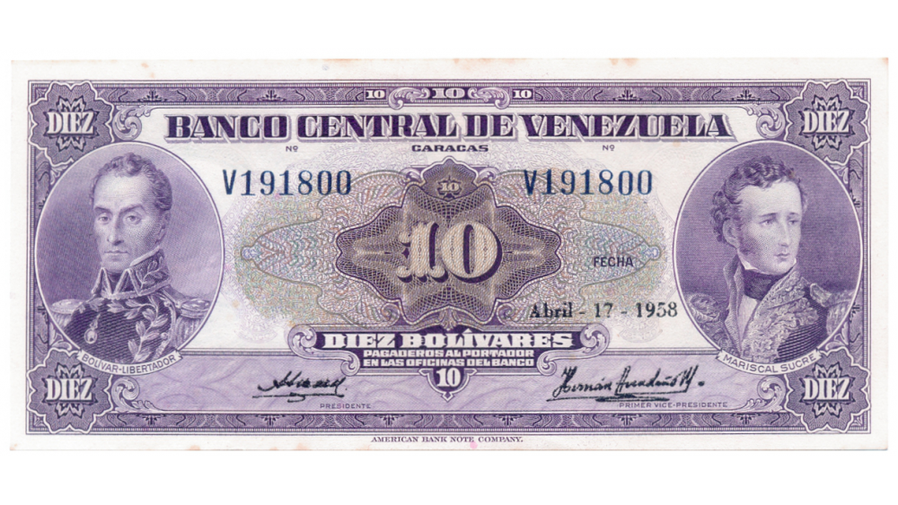 Billete 10 Bolívares 1958 V6 Serial V191800 - Numisfila