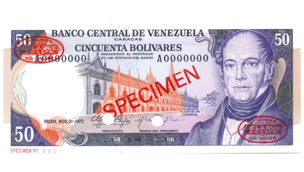 Billete Specimen De La Rue & CO LTD 50 Bolívares Nov 1972 #081 - Numisfila