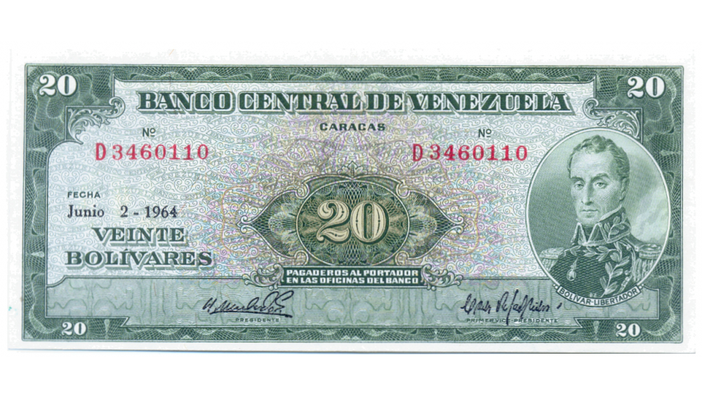 Billete 20 Bolívares 1964 D7 Serial D3460110 - Numisfila