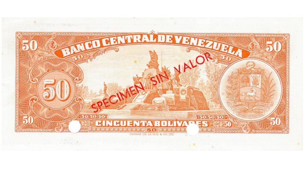 Billete Specimen Sin Valor 50 Bolívares 1961/1963 Perforado  - Numisfila