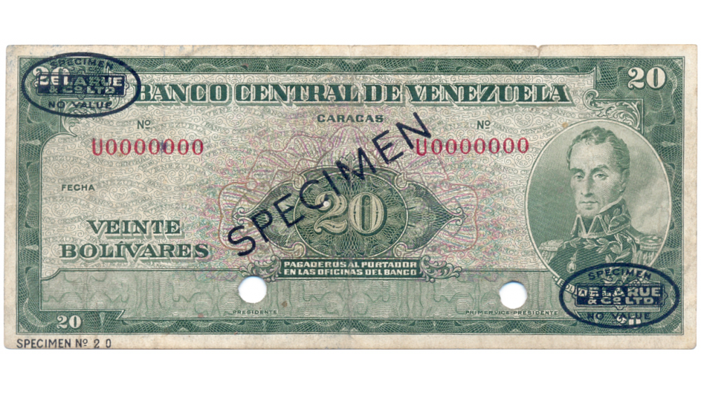 Raro Billete Specimen De La Rue & CO LTD 20 Bolívares U7 1960 #20 - Numisfila