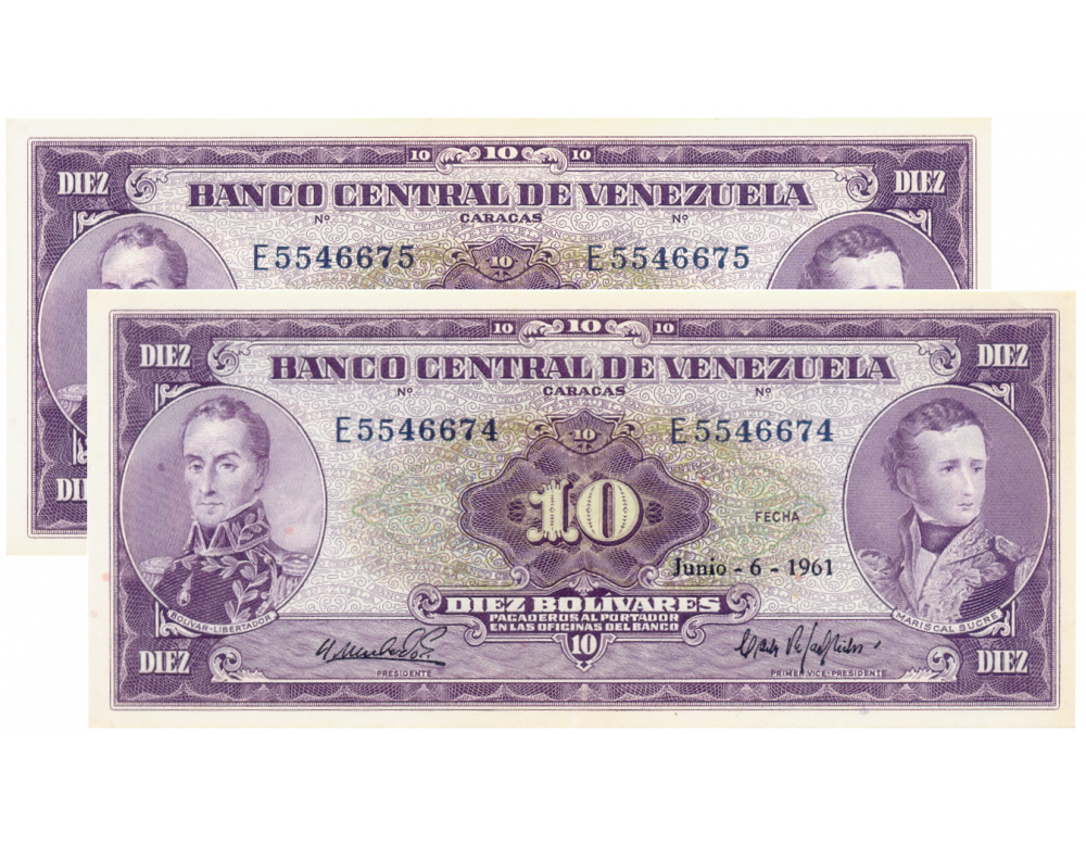 Pareja Billetes 10 Bolívares 1961 Difícil E7 Seriales E5546674 y E5546675 Cara Volteada  - Numisfila