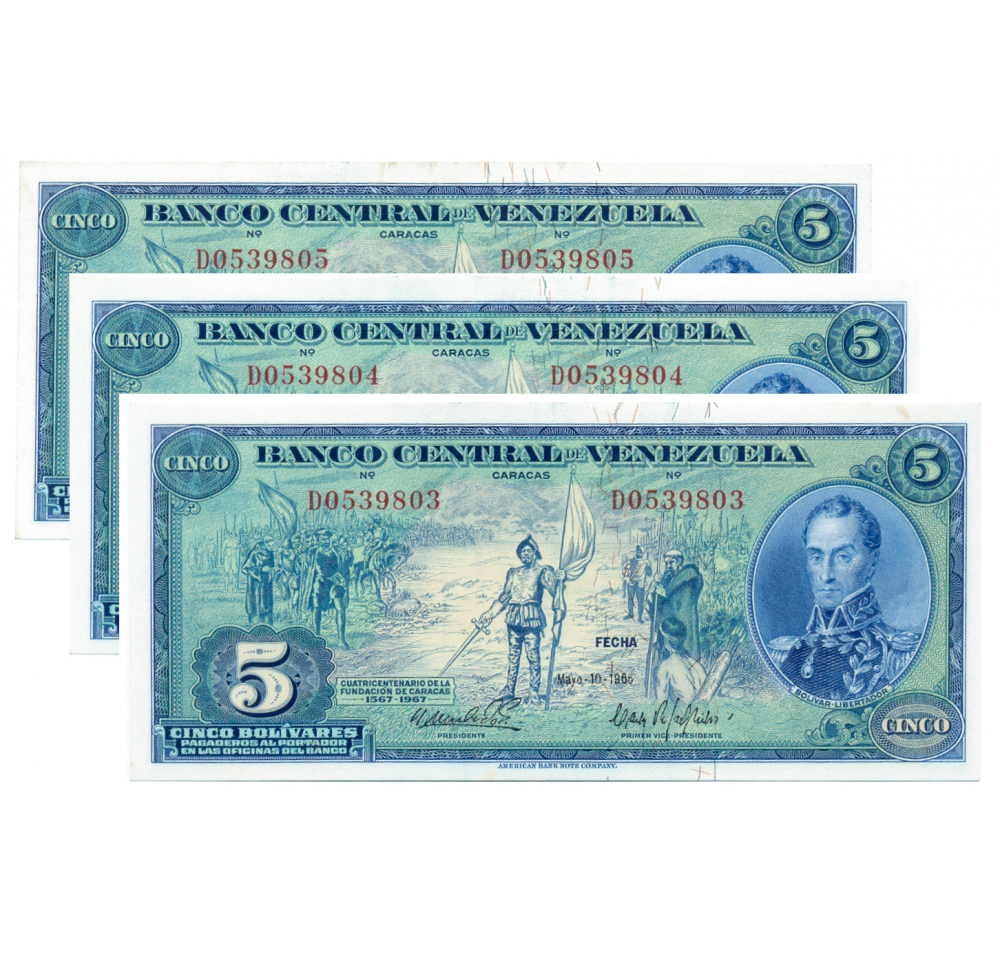 Trío Billetes 5 Bs 1966 Difícil D7 Seriales D0539803, D0539804 Y D0539805 Dieguitos - Numisfila