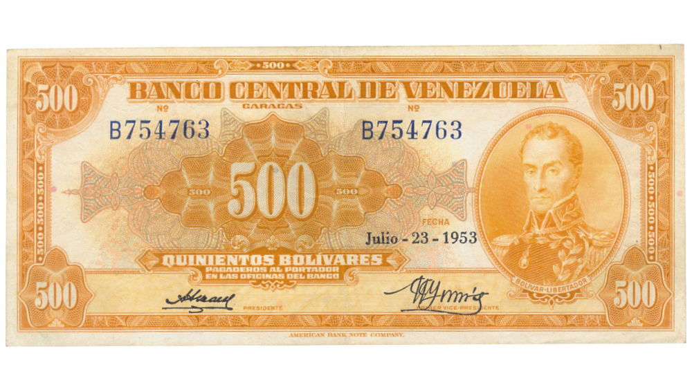 Billete 500 Bolivares 1953 Canario Serial B754763  - Numisfila