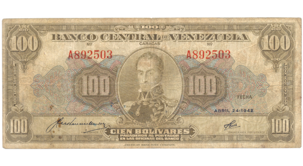 Billete 100 Bolívares Abril 1942 A6 Serial A892503  - Numisfila