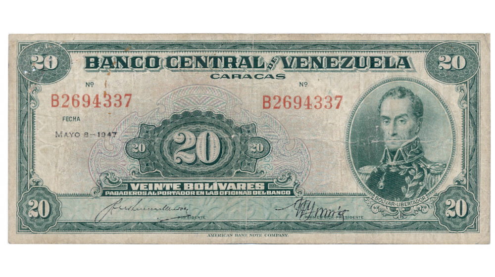 Billete 20 Bolívares Mayo 1947 B7 Serial B2694337  - Numisfila