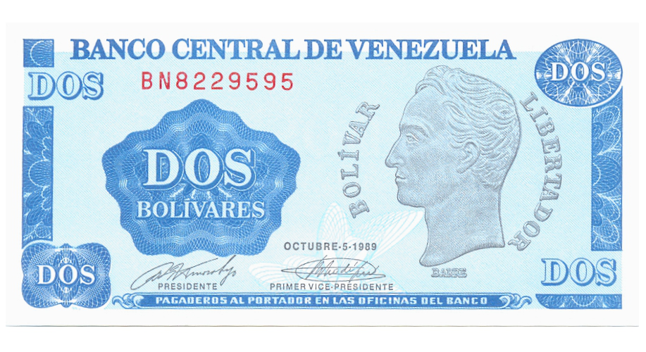 Billete 2 Bolívares 1989 Difícil BN7 Serial BN8229595 - Tinoquito  - Numisfila