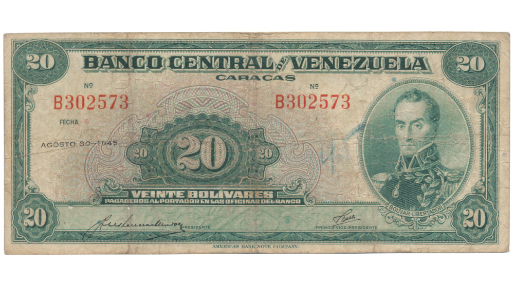 Billete 20 Bolívares Agosto 1945 Serial B302573 - Numisfila