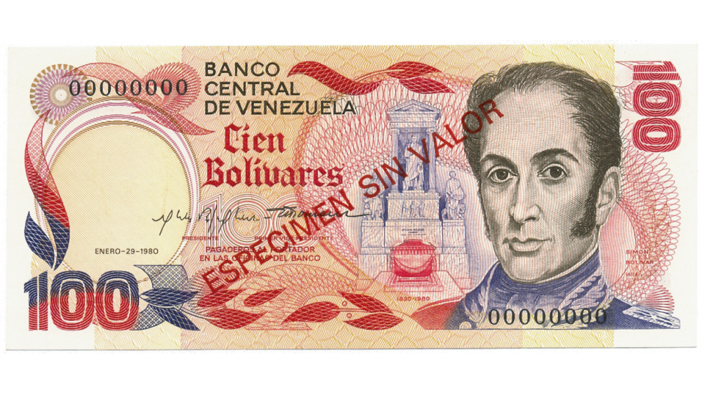 Billete Especimen Sin Valor 100 Bolívares 1980 - Numisfila
