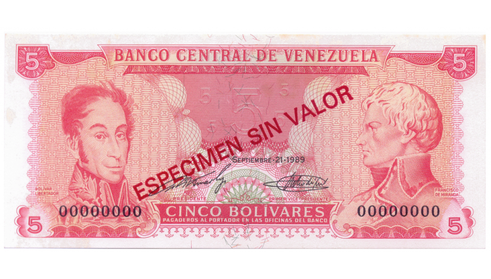 Billete Especimen Sin Valor 5 Bolívares 1989   - Numisfila