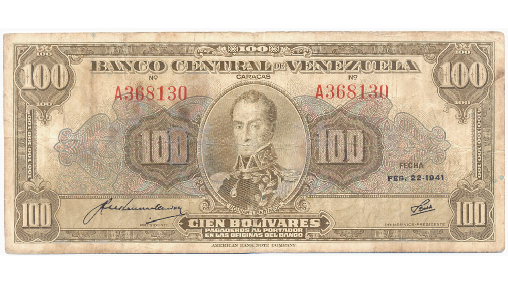 Muy escaso Billete 100 Bolívares Febrero 22 1941 Serial A368130 - Numisfila
