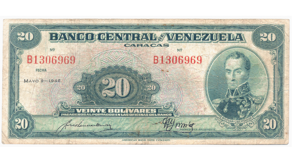 Billete 20 Bolívares Mayo 1946 Serial B1306969 - Numisfila
