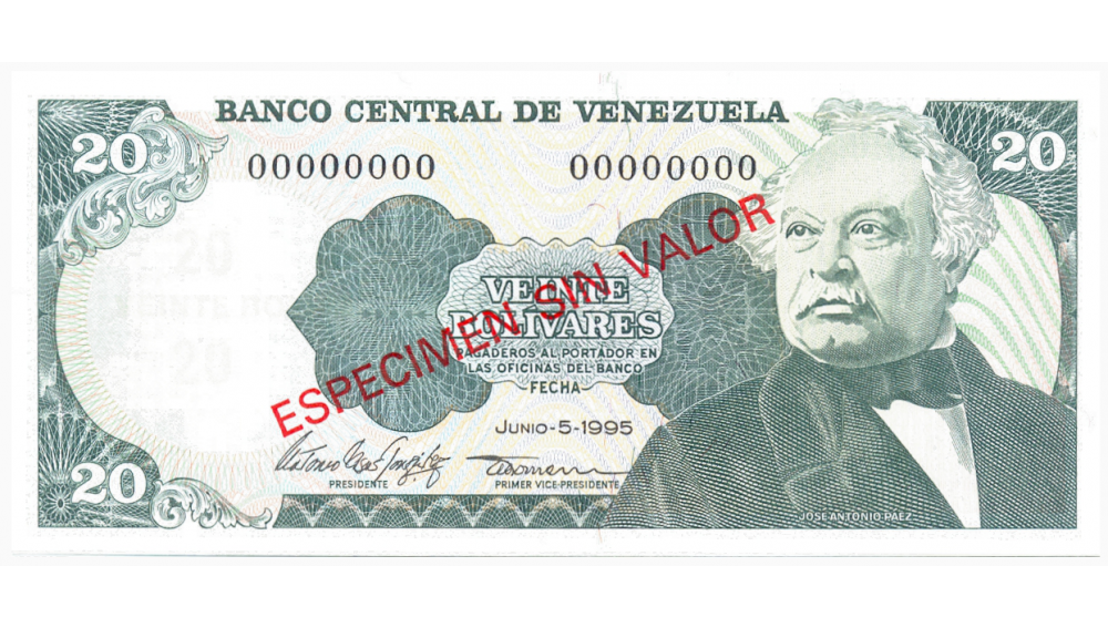 Especimen Sin Valor Billete 20 Bolívares 1995 Serial 0000000 - Numisfila