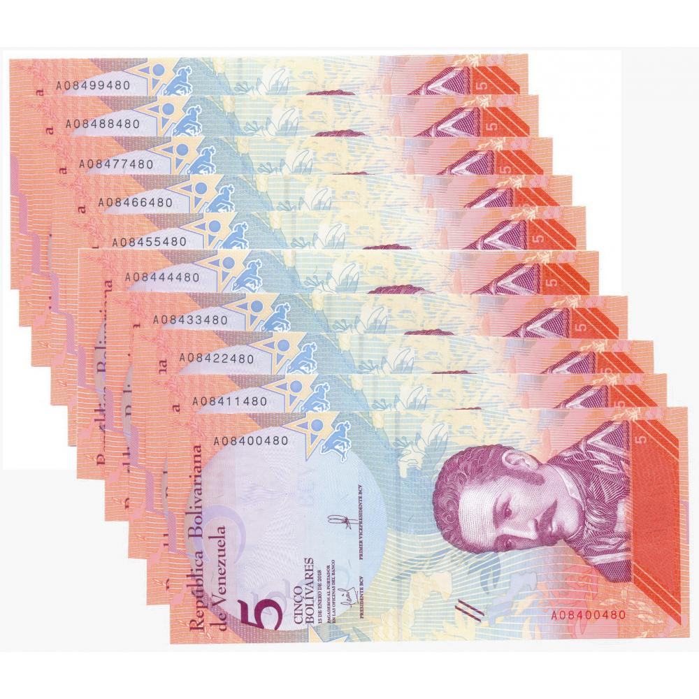 10 Billetes 5 Bolívares 2018 A8 Escalera de Capicúas A08400480 al  A08499480 - Numisfila